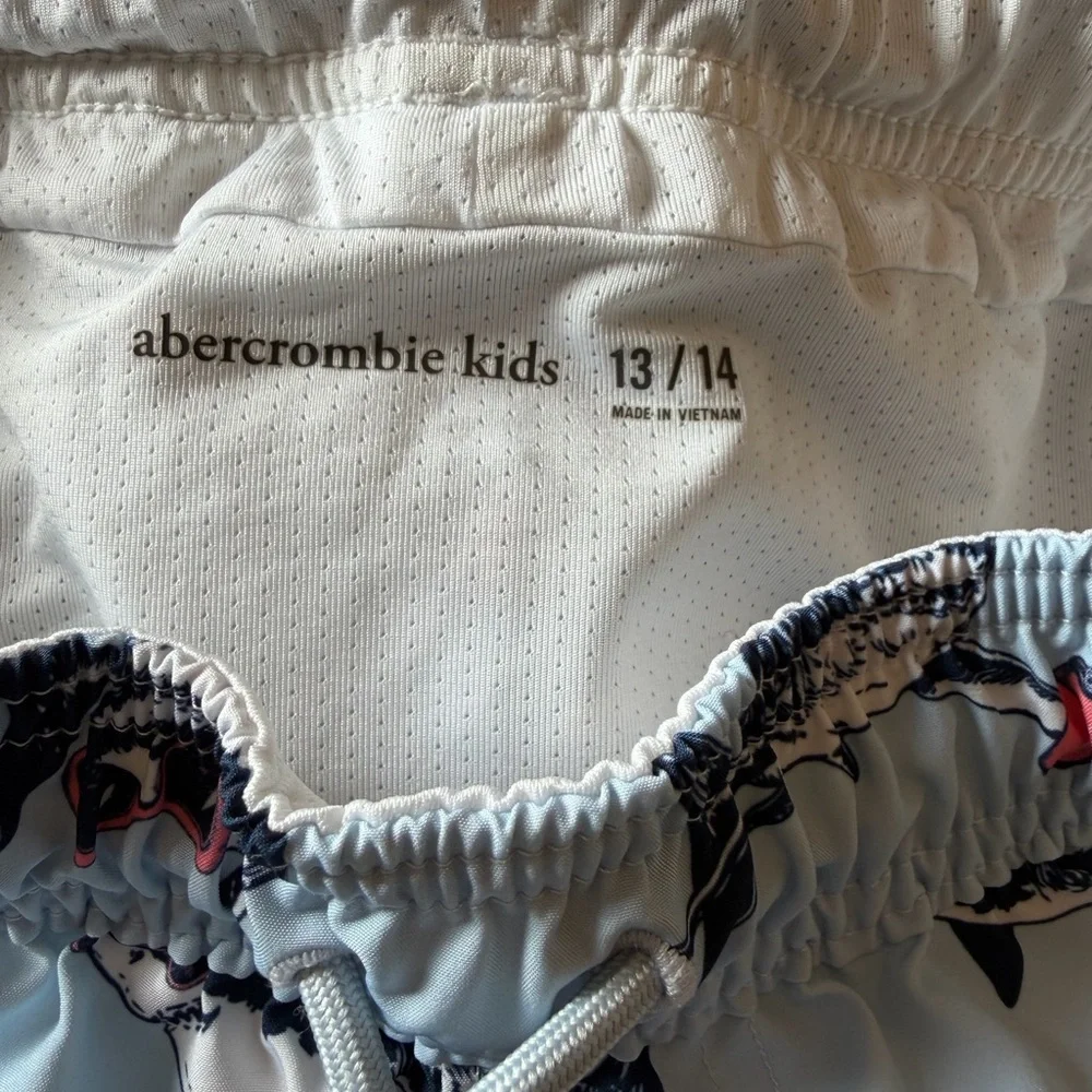 Abercombie kids shark print swim trunks.